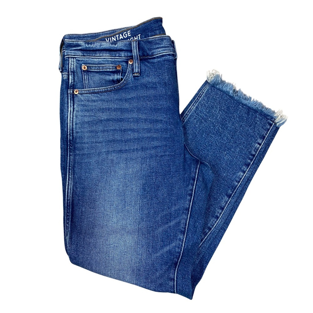J. Crew Re-Imagined 9” Vintage Slim Straight Jeans 32 Blue Denim Fringe Hem